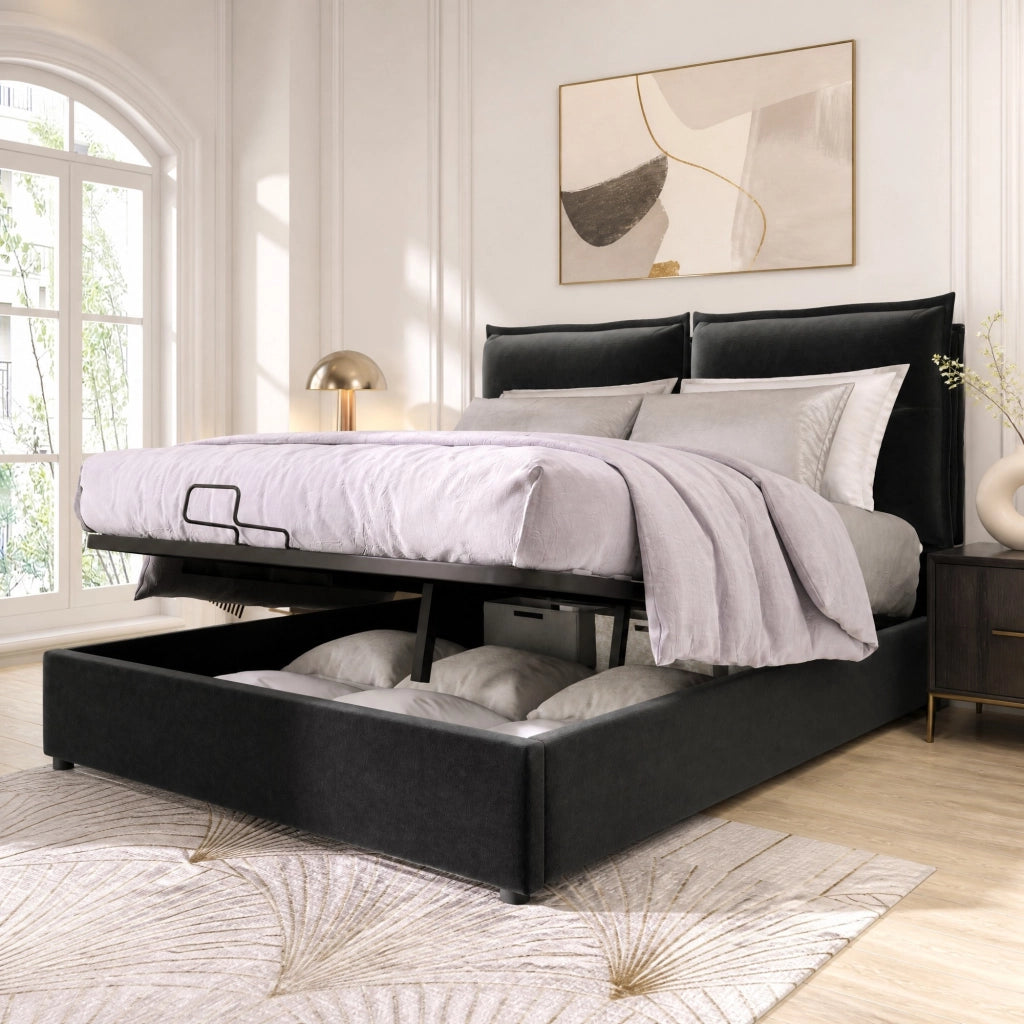Letto matrimoniale imbottito 140x200 cm con testiera regolabile, contenitore e materasso, nero