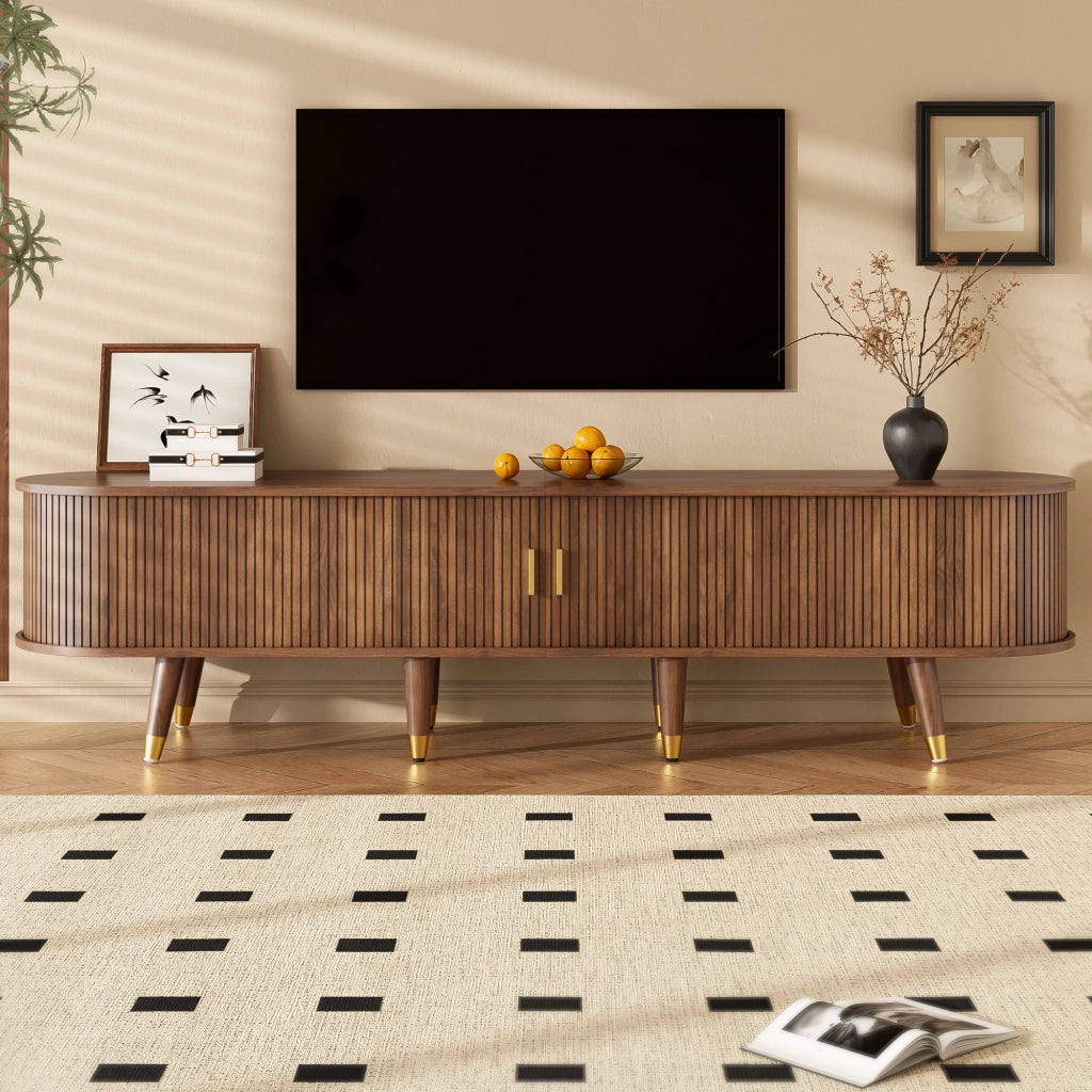 Mobile TV con Anta Scorrevole in Rattan; 2 Cassetti e Vani Aperti; Stile Country; in MDF; 175??38??45 cm; Noce