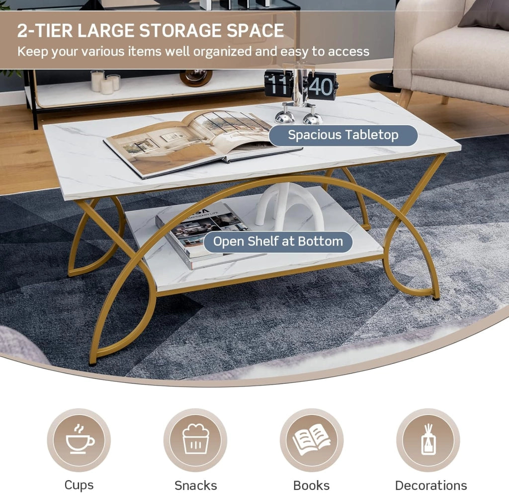 Tavolino da Caffè Oro, Tavolo da Salotto con Gambe in Metallo, Tavolino con Effetto Marmo per Soggiorno, Studio, Camera,110 x 50 x 46 cm (Bianco+Oro)