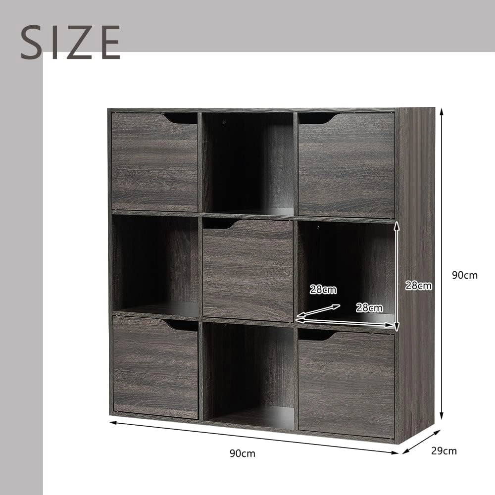 Libreria Scaffale a 9 Cubi e 5 Ante, Scaffale Espositivo in Legno Salvaspazio con 4 Ripiani Aperti, Libreria per Camera da Letto, Soggiorno, Salotto e Ufficio, 90 x 29 x 90 cm (Grigio Scuro)
