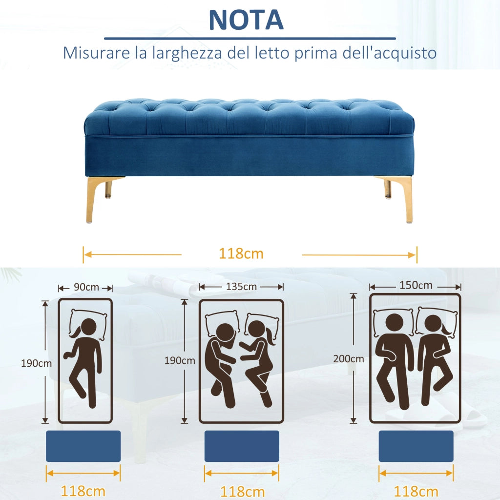 Letto contenitore imbottito ¨C zephmum ¨C Tessuto velluto, base metallo dorato, 118x45x42 cm, Blu