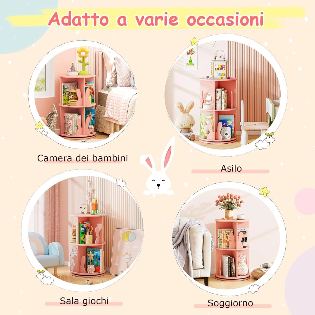 Libreria Girevole per Bambini, Scaffale Moderna in Legno a 2 Ripiani, Libreria Salvaspazio per Soggiorno, Camera da Letto e Studio, 40 x 65 cm (Rosa)