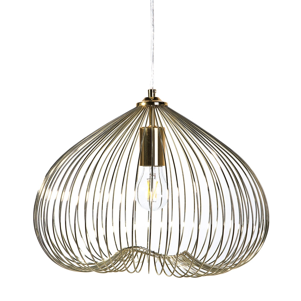 Lampada da soffitto in metallo color dorato paralume in filo metallico industriale