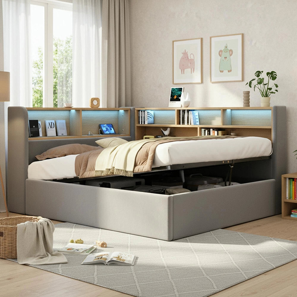 Divano letto con contenitore idraulico - Xylo - 140x200 cm - Grigio - LED, USB, velluto