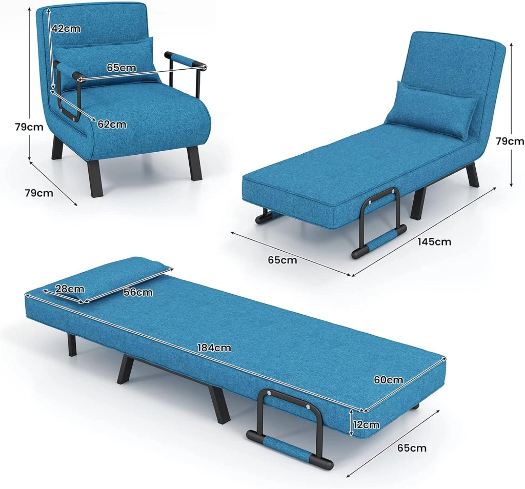 Poltrona Letto, 4 in 1 Poltroncina Pieghevole con Schienale Regolabile in 6 Posizioni, Sedile Imbottito Robusto, Divano Letto Singolo per Casa Ufficio, 79x65x79 cm (Blu)
