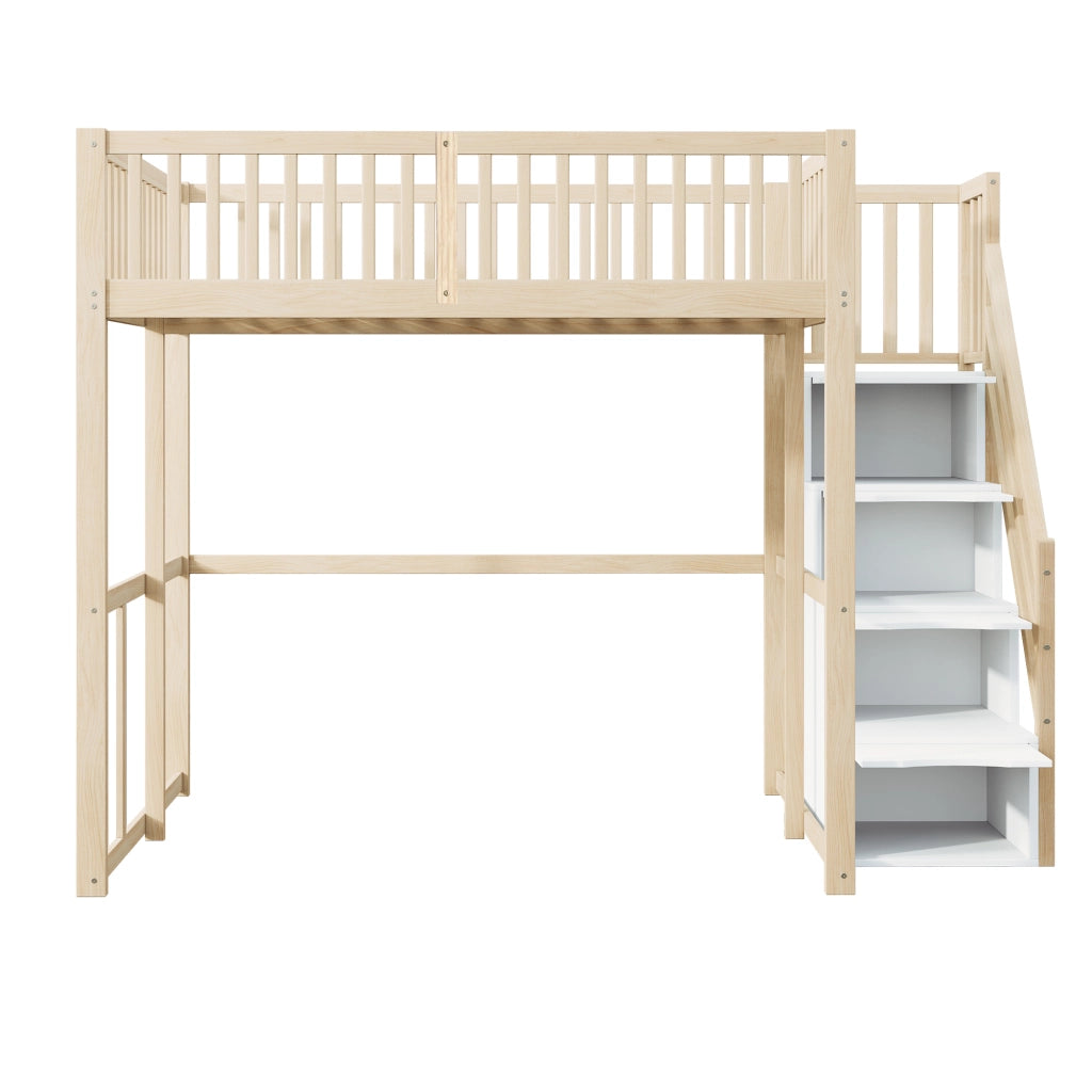 Letto a castello in legno di pino naturale con scala di sicurezza e contenitore 140x200 cm