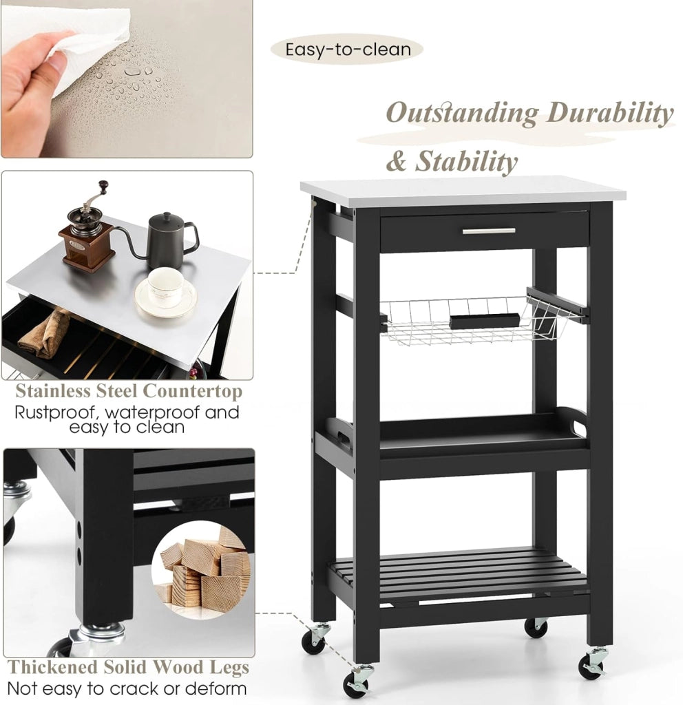 Carrello Cucina con Ruote e Piano di Lavoro in Acciaio Inox, Carrello Portafrutta e Portavivande con Cassetto e Cestello Metallico, Carrellino Portaoggetti per Sala da Pranzo (Nero)