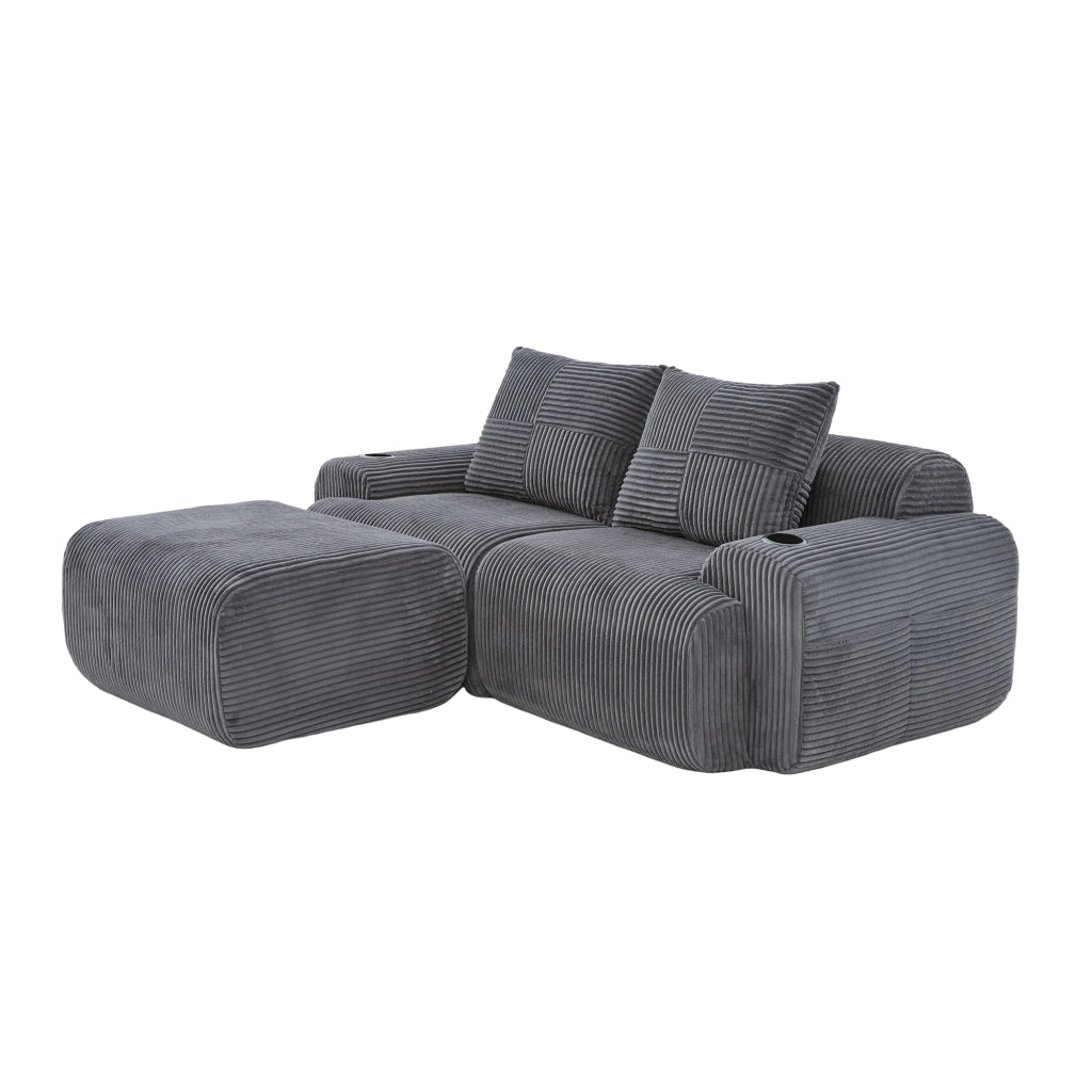 Divano Modulare 2 Posti con Portabicchieri e Tasca Laterale in Velluto a Coste Grigio Scuro 200 × 174 × 80 cm