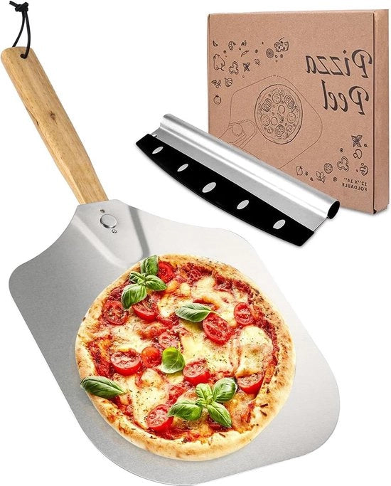 Pietra per pizza XL, schiaccia pizza in alluminio, forma rettangolare per griglia, per forno e gas grill - schiaccia pizza con lama extra grande - manico di legno ripiegabile. Spatola per pizza