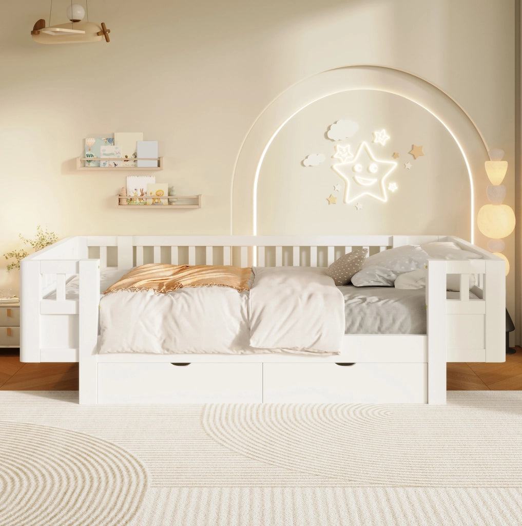 Letto per bambini 90x200 cm con sponde alte e 2 cassetti in MDF bianco