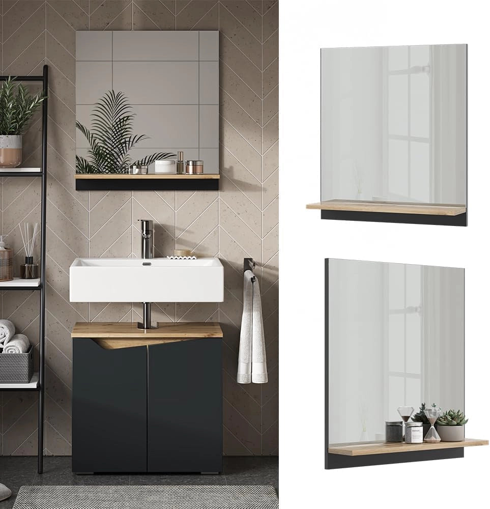 Specchio contenitore bagno Marelle, Antracite/Artisan, 60 x 67 cm con ripiano, adatto per il montaggio a parete in ambienti umidi