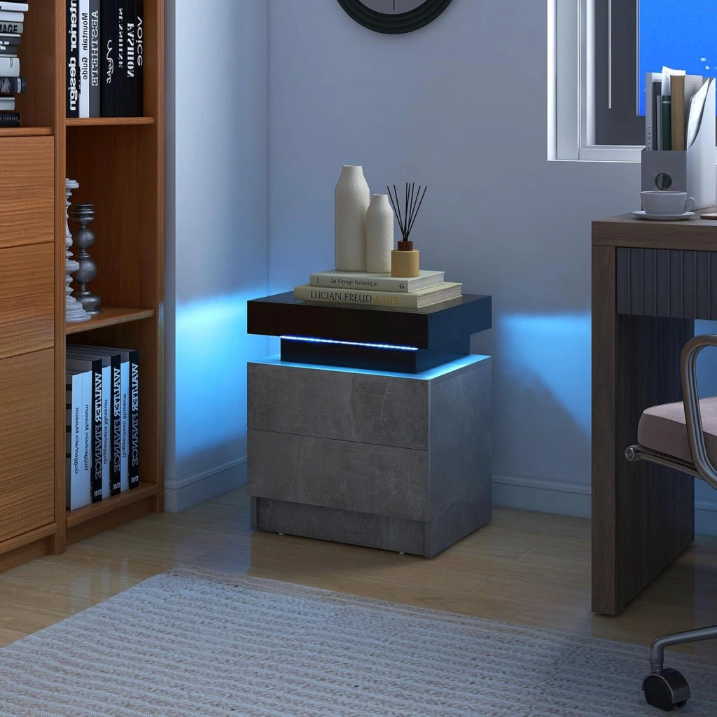 Tavolino da Salotto con 2 Cassetti e Luci a LED, Tavolino Moderno con Finitura Lucida Effetto Marmo, Comodino per Camera da Letto e Soggiorno, 45 x 35 x 52 cm (Grigio)