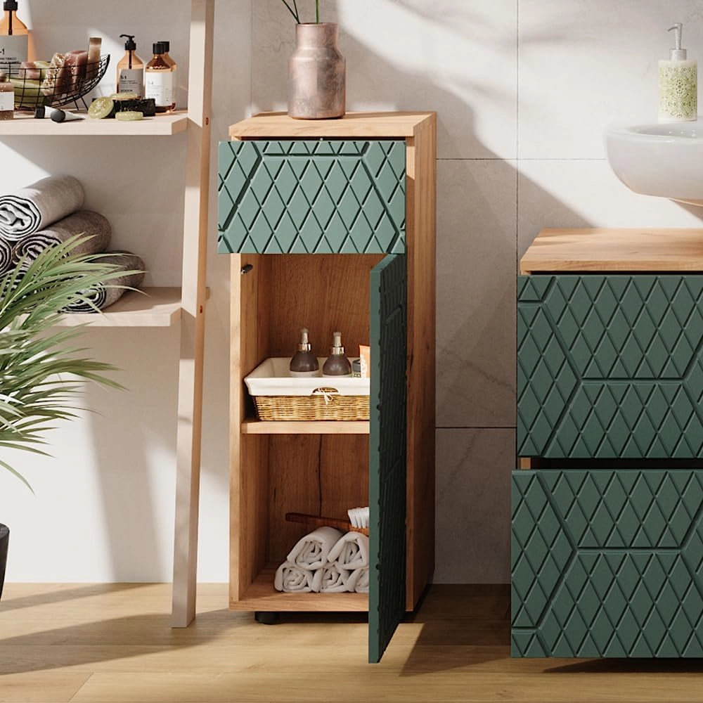 Mobile midi Irma, Quercia verde/oro, 30 x 81 cm con 1 cassetto, 2 scomparti, bagno, per la conservazione in bagno, abbinabile alla serie Irma