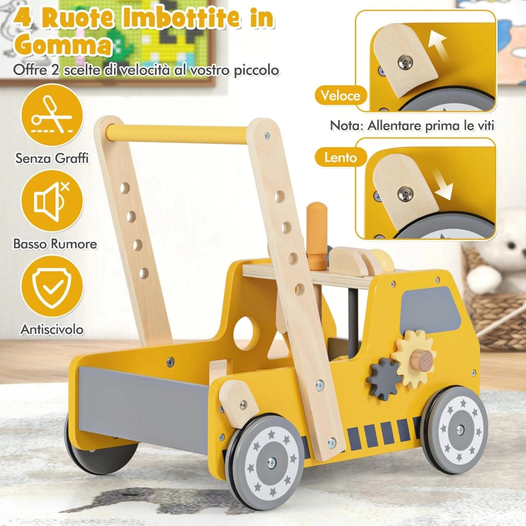 2-in-1 Primi Passi per Bambini con Altezza Regolabile, Girello in Legno con Banco da Lavoro, Carrello da Spinta con Giocattoli Montessori, Velocità Regolabile, Spazio di Archiviazione