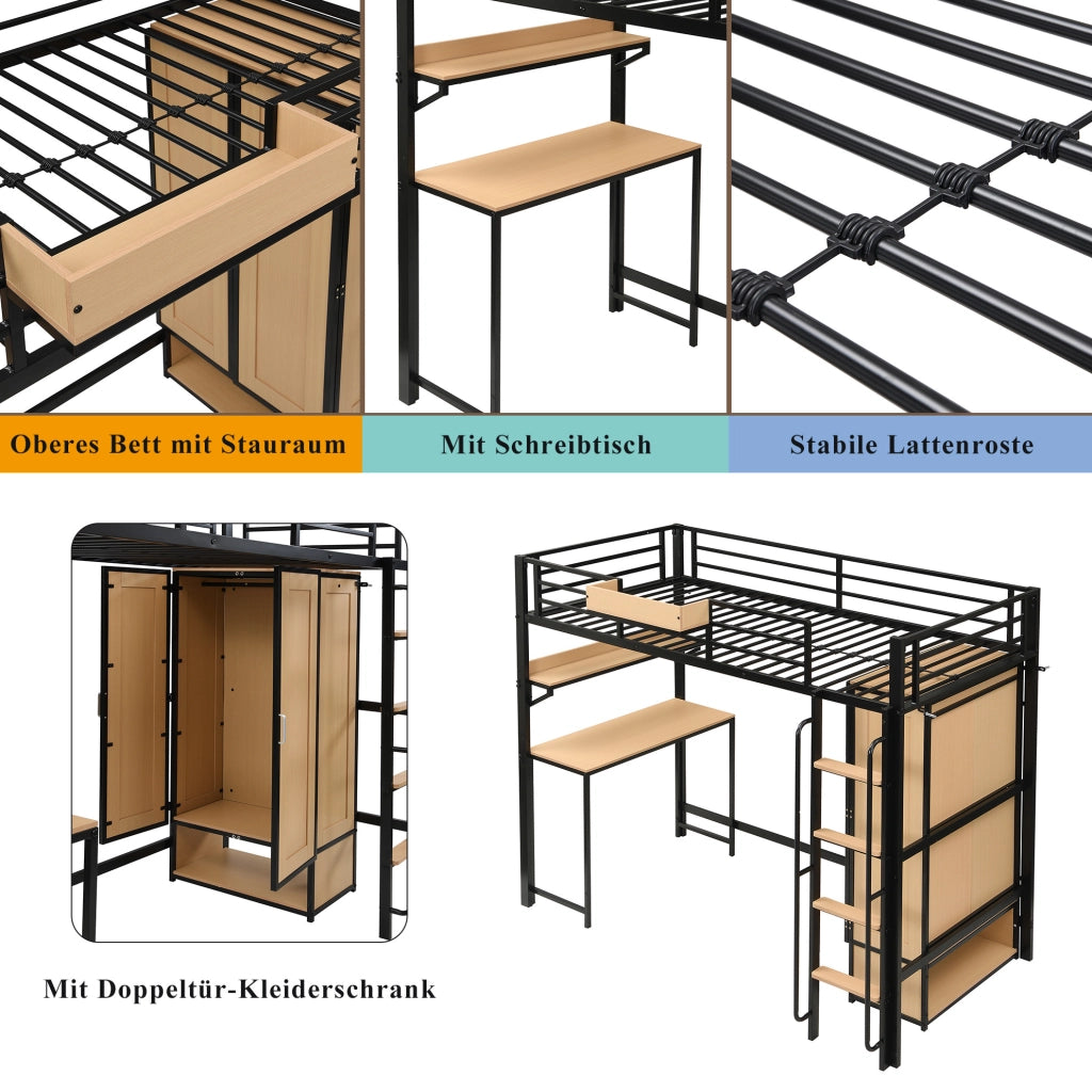 Letto a soppalco 90x200 cm in metallo e MDF nero e naturale con armadio; scrivania e scaffale