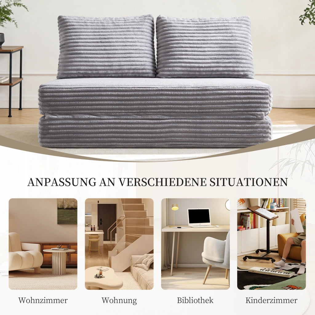Divano letto multifunzionale in tessuto con schienali removibili e texture effetto velluto, grigio chiaro