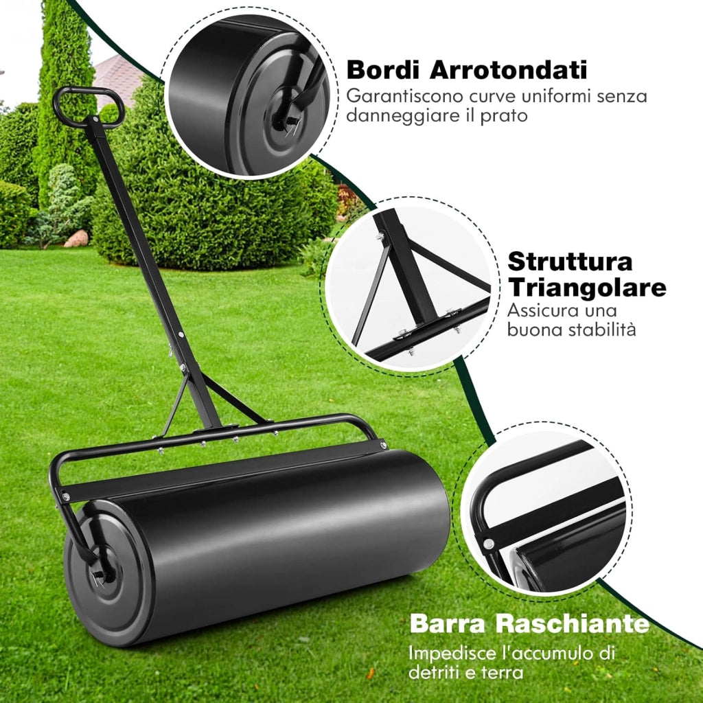 Rullo per Prato in Metallo, Rullo da Giardino Riempibile con 30 Litri di Acqua/Sabbia, con Gancio e Impugnatura Staccabile per Giardino, Prato, Parco e Fattoria (Nero)