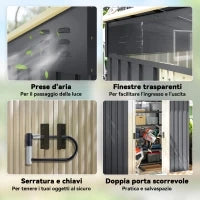 Casetta da Giardino Porta Attrezzi con 4 Finestre e 2 Ganci, in Acciaio Zincato, 195x122x181.5 cm, Grigio