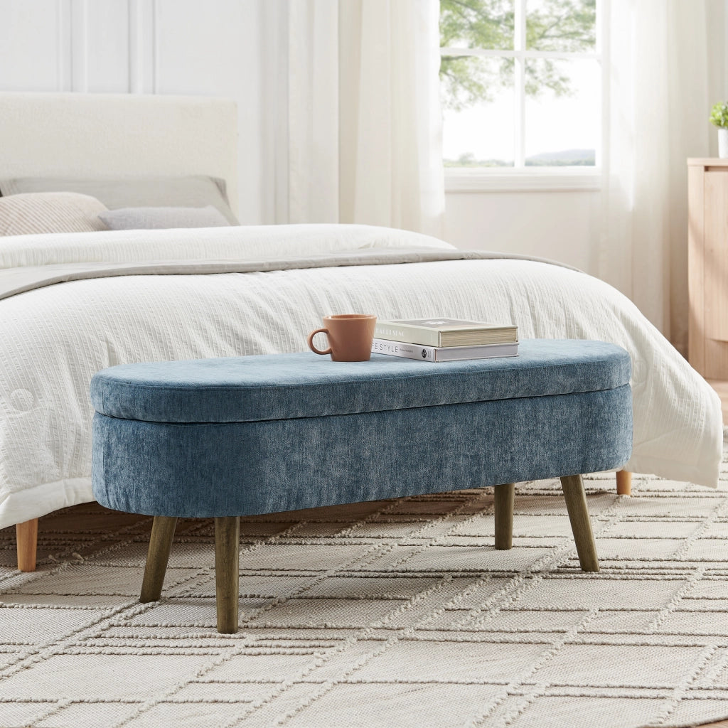 Panca contenitore ovale con coperchio ammortizzato e vano 20 L in chenille blu
