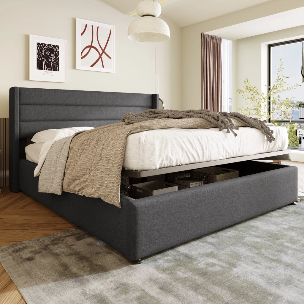 Letto imbottito 214.5x193.5x114 cm con contenitore e rete sollevabile in lino grigio