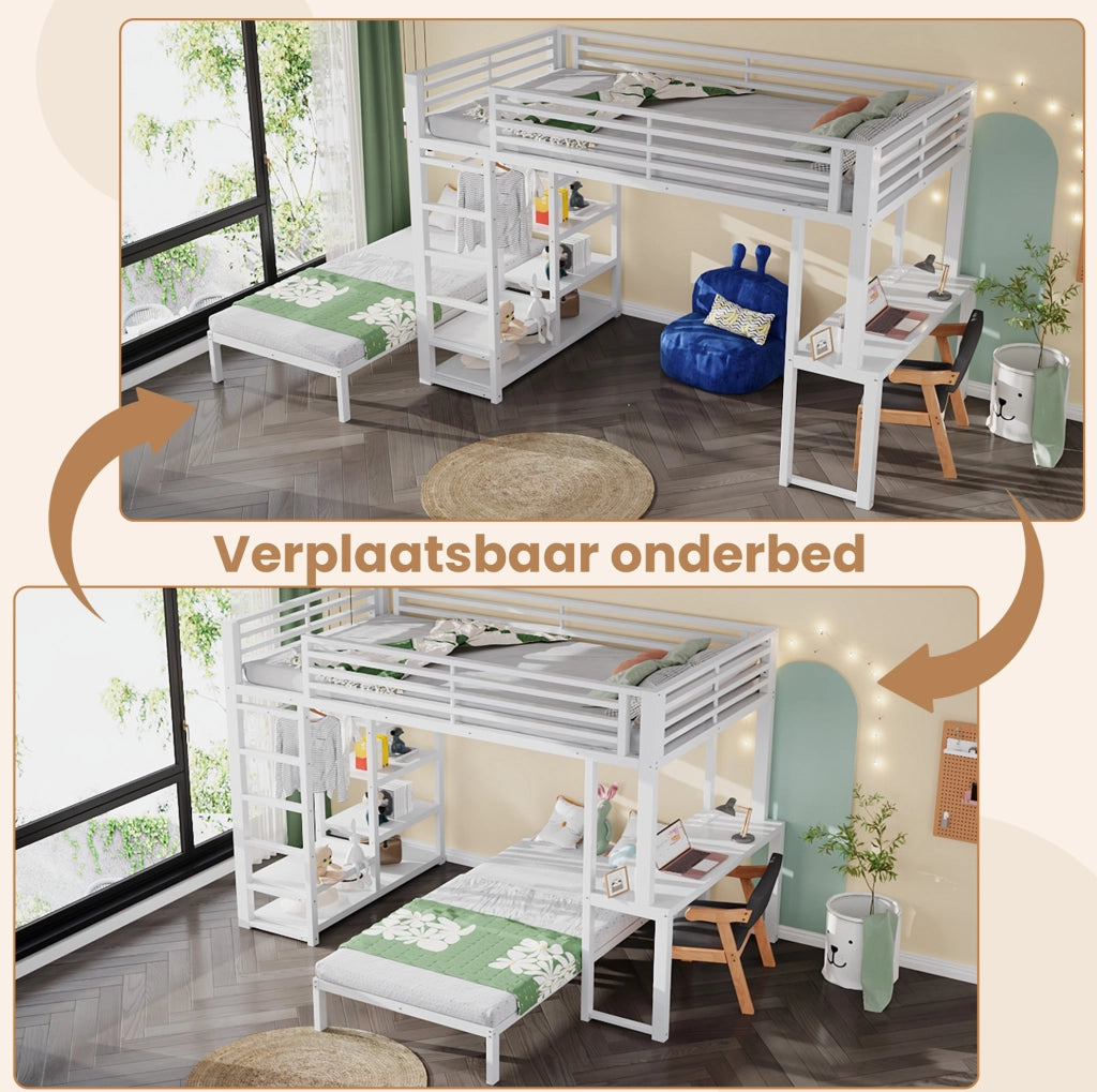 Letto a soppalco 90x200 cm con scrivania e scaffali bianco