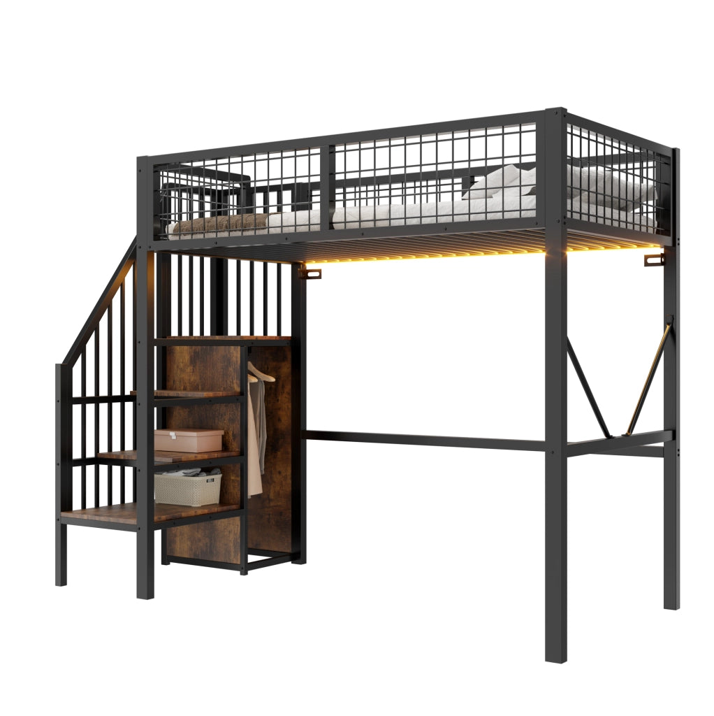 Letto a soppalco in metallo 90 x 200 cm con scala contenitore; LED e barriera; nero