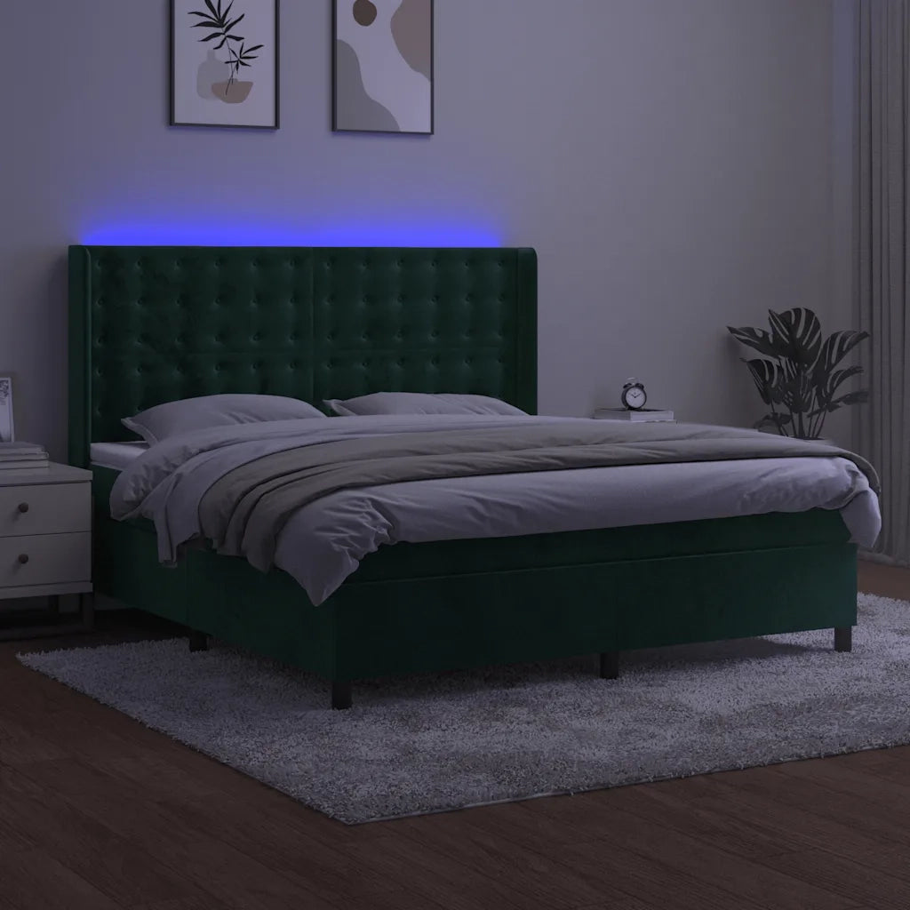 Letto a Molle con Materasso e LED Verde Scuro 160x200cm Velluto 3139814