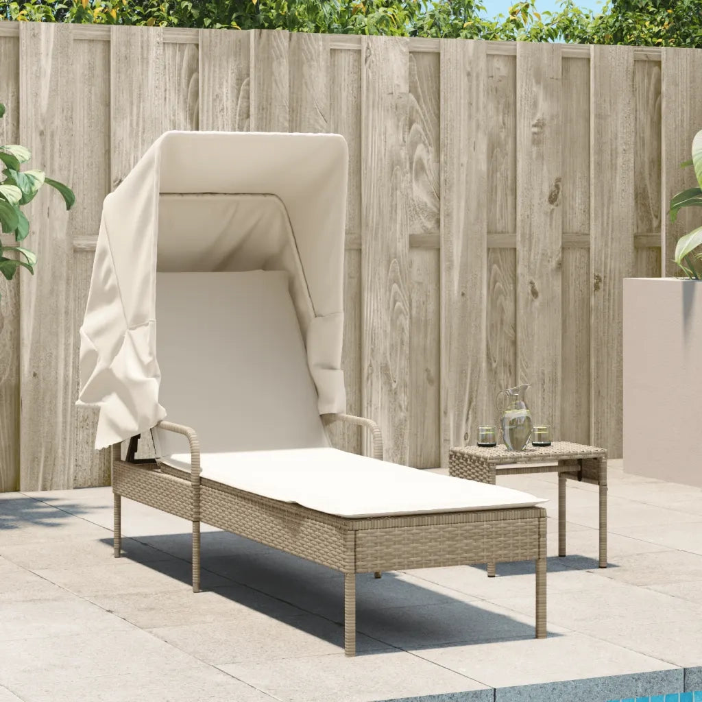 Lettino Prendisole | Sdraio da giardino | Lettino da sole con Baldacchino e Tavolino Beige Polyrattan