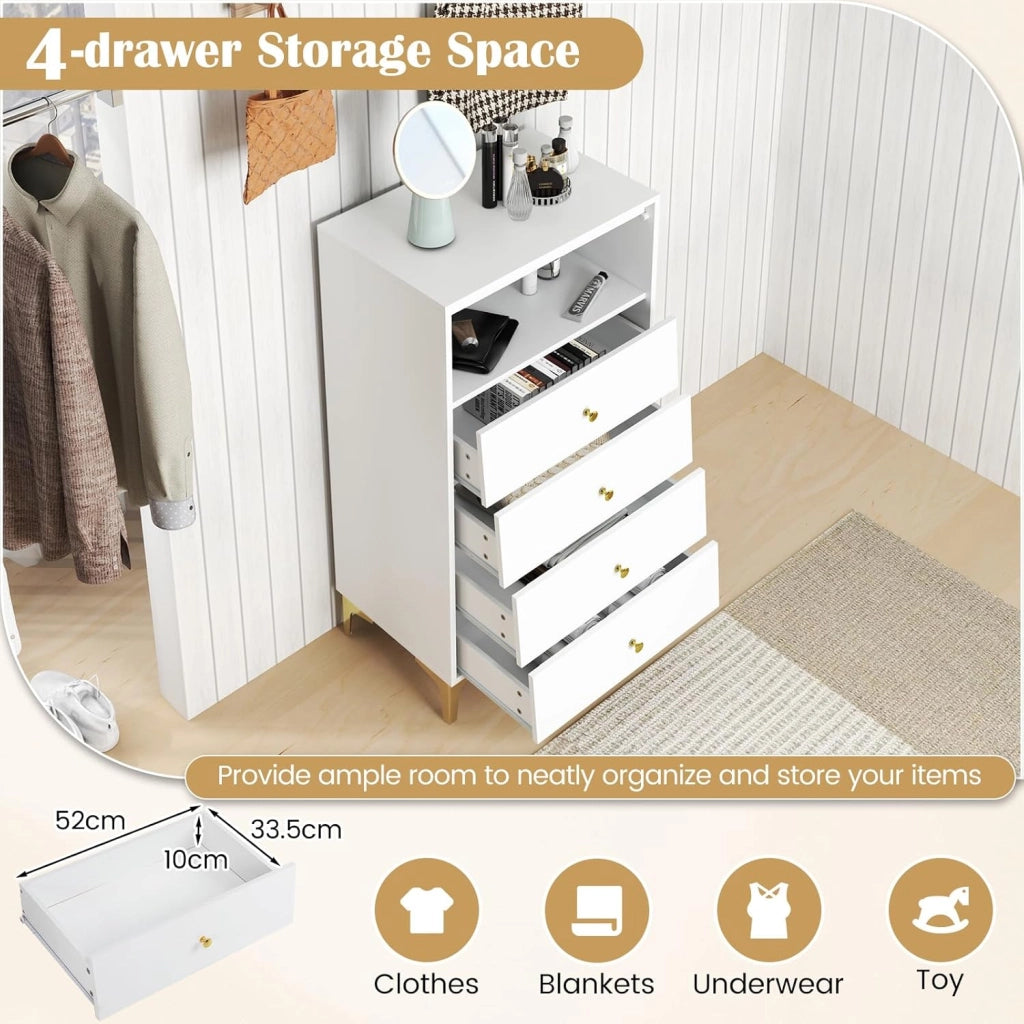 Cassettiera con 4 cassetti e porta in vetro apribile, credenza in legno con gambe in metallo, armadietto da pavimento autoportante con protezione antiribaltamento, moderno mobile da soggiorno