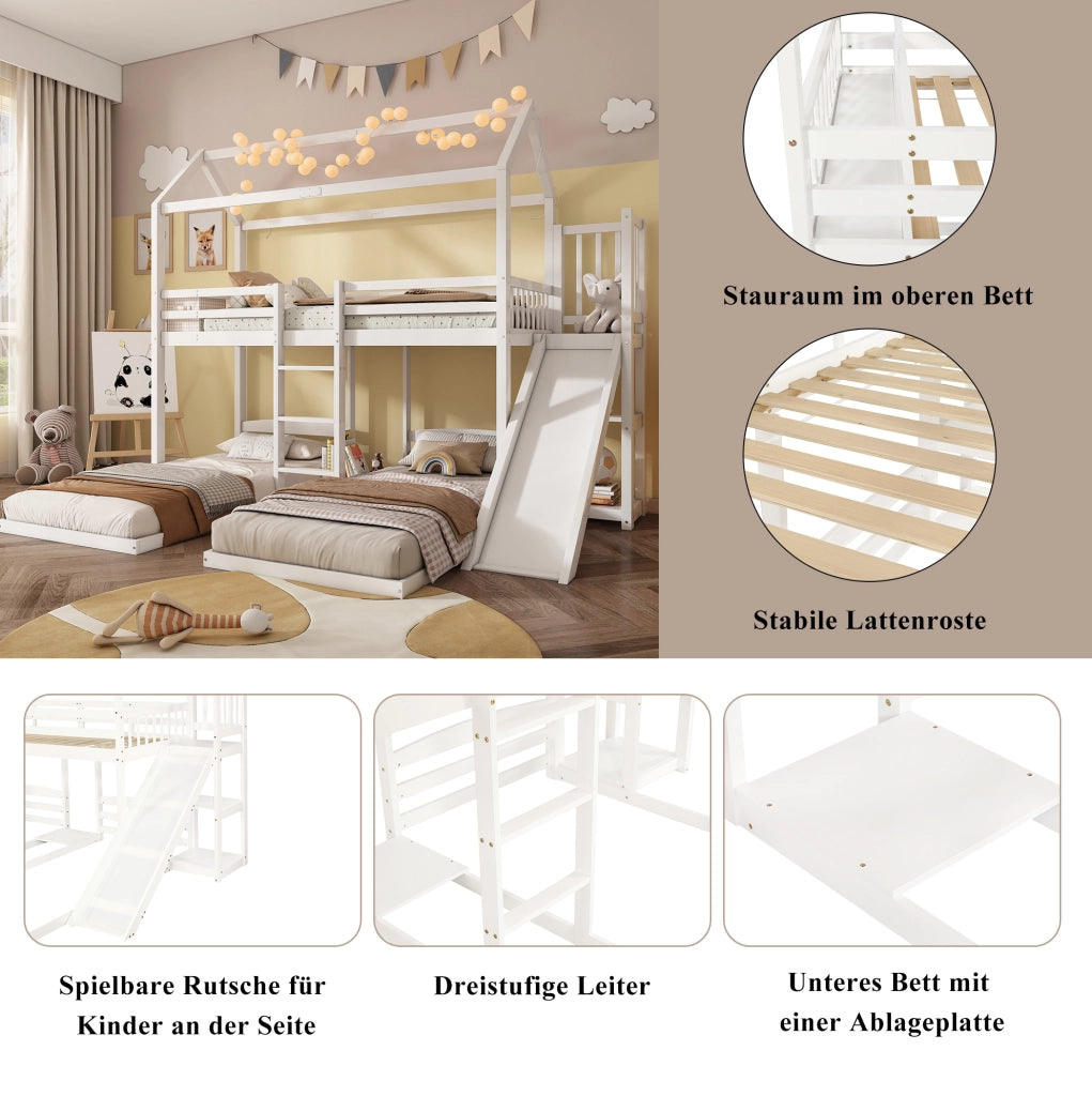 Letto a soppalco per bambini con scivolo e tetto