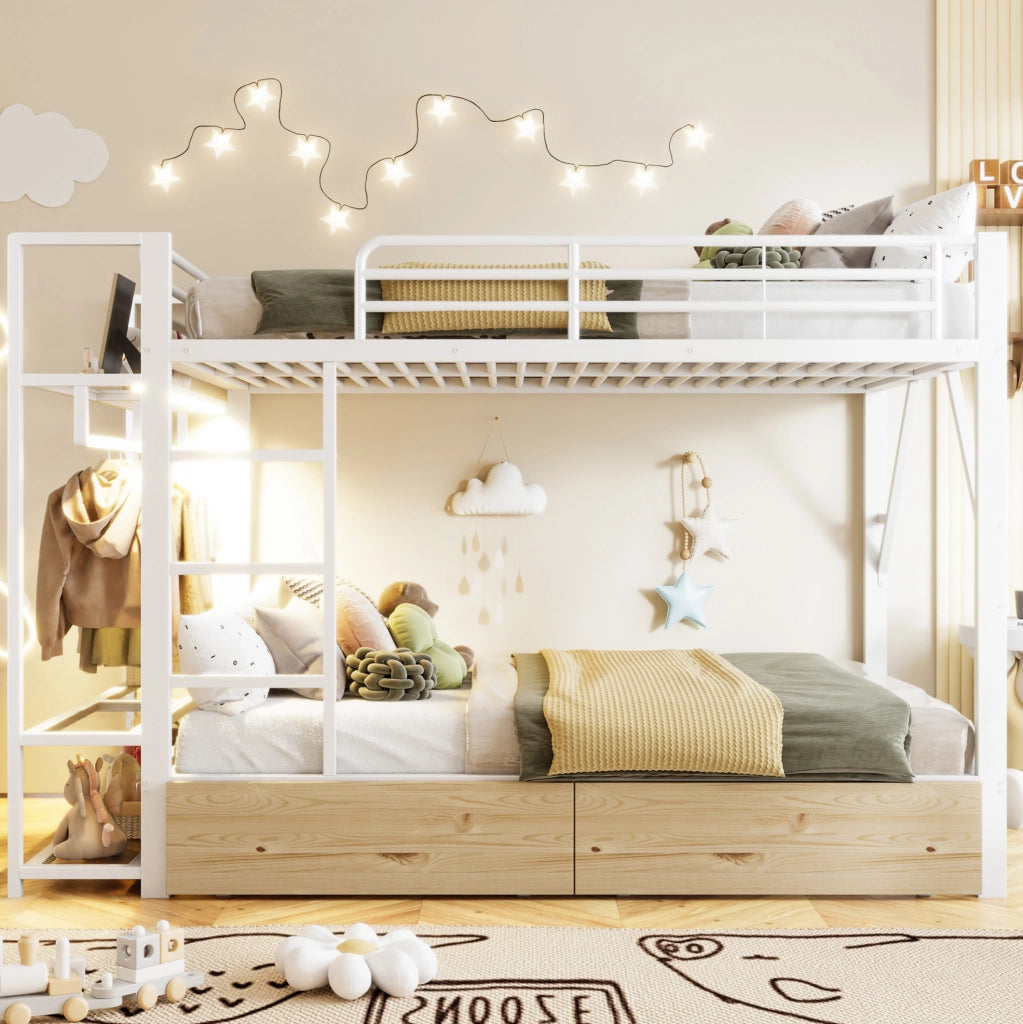 Letto a castello 140x200 cm in metallo e MDF con LED, cassetti e ripiani