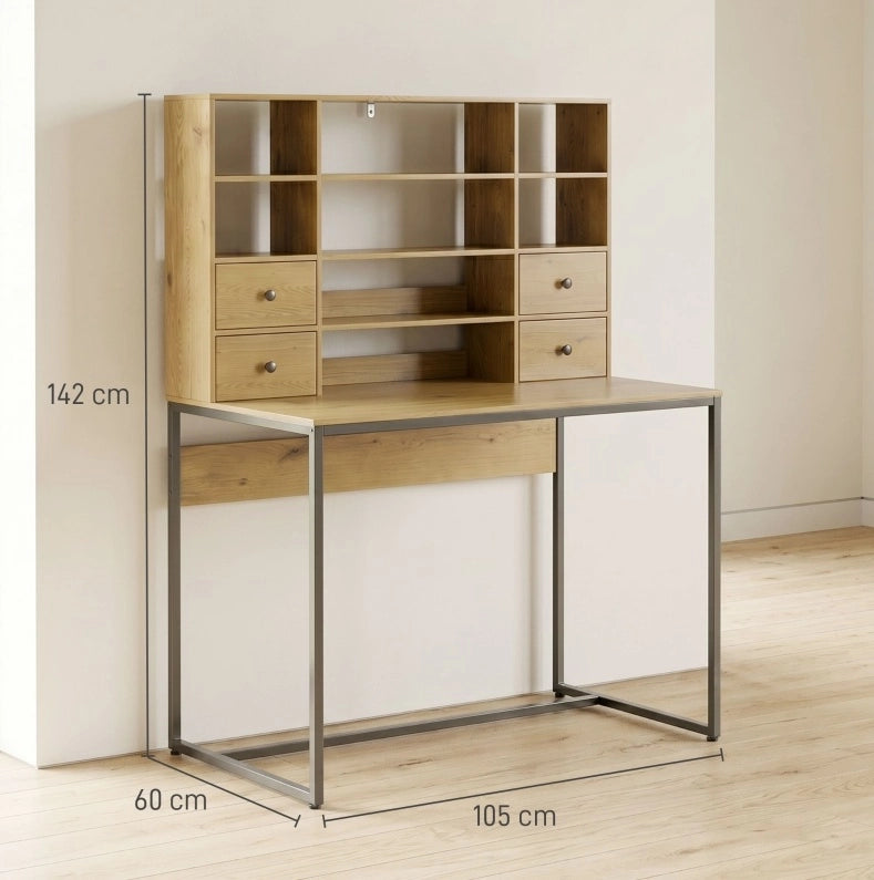 Scrivania per computer 105 cm naturale – 4 cassetti e ripiani