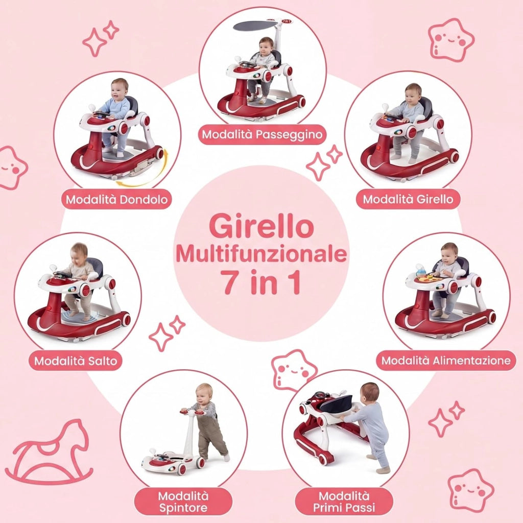 Girello per Bambini 6-in-1 Evolutivo, Centro Attività Pieghevole con Maniglia, Regolazione Altezza/Velocità, con Musica, Luci Tenda, per Neonati 6-18 Mesi (Rosso+Bianco)