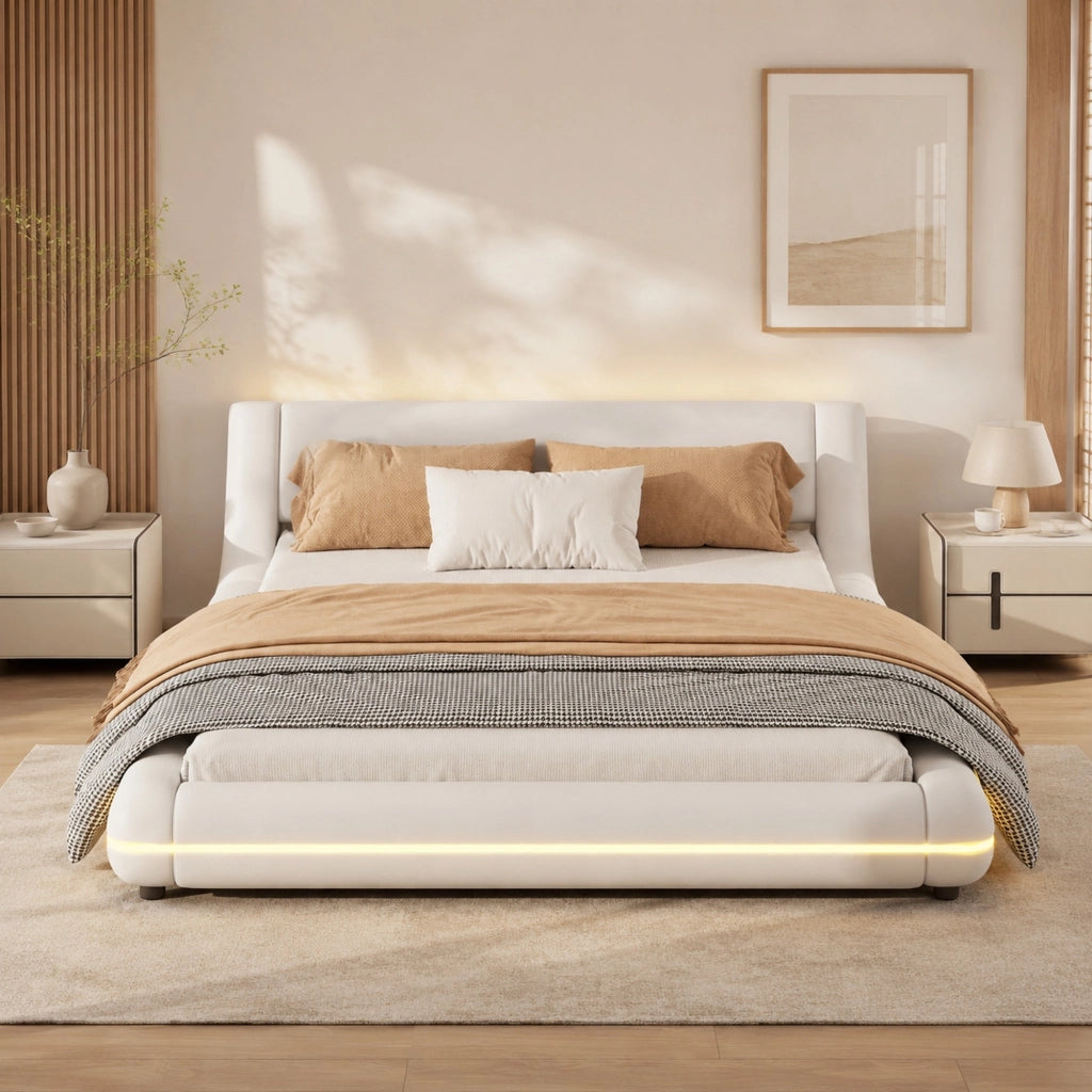 LETTO Basso 140x200 cm PU Bianco con LED Ambientale