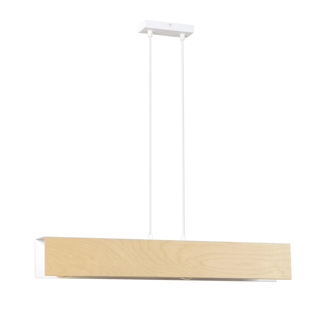 Lampadario 3 Luci Merlino In Acciaio Bianco Corpo Rettangolare E Legno Naturale