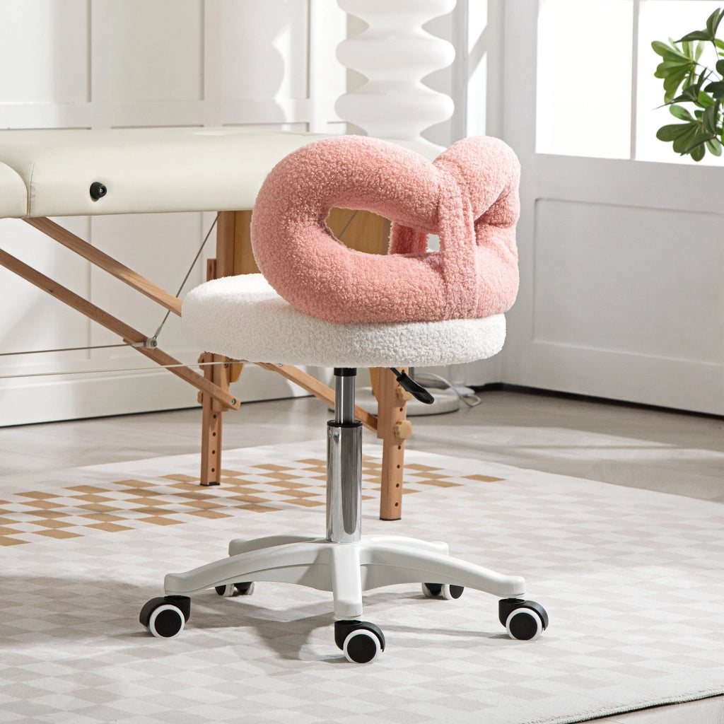 Sgabello Girevole con Schienale a Forma di Fiocco 50x50x63-77 cm in Tessuto Teddy Rosa e Bianco