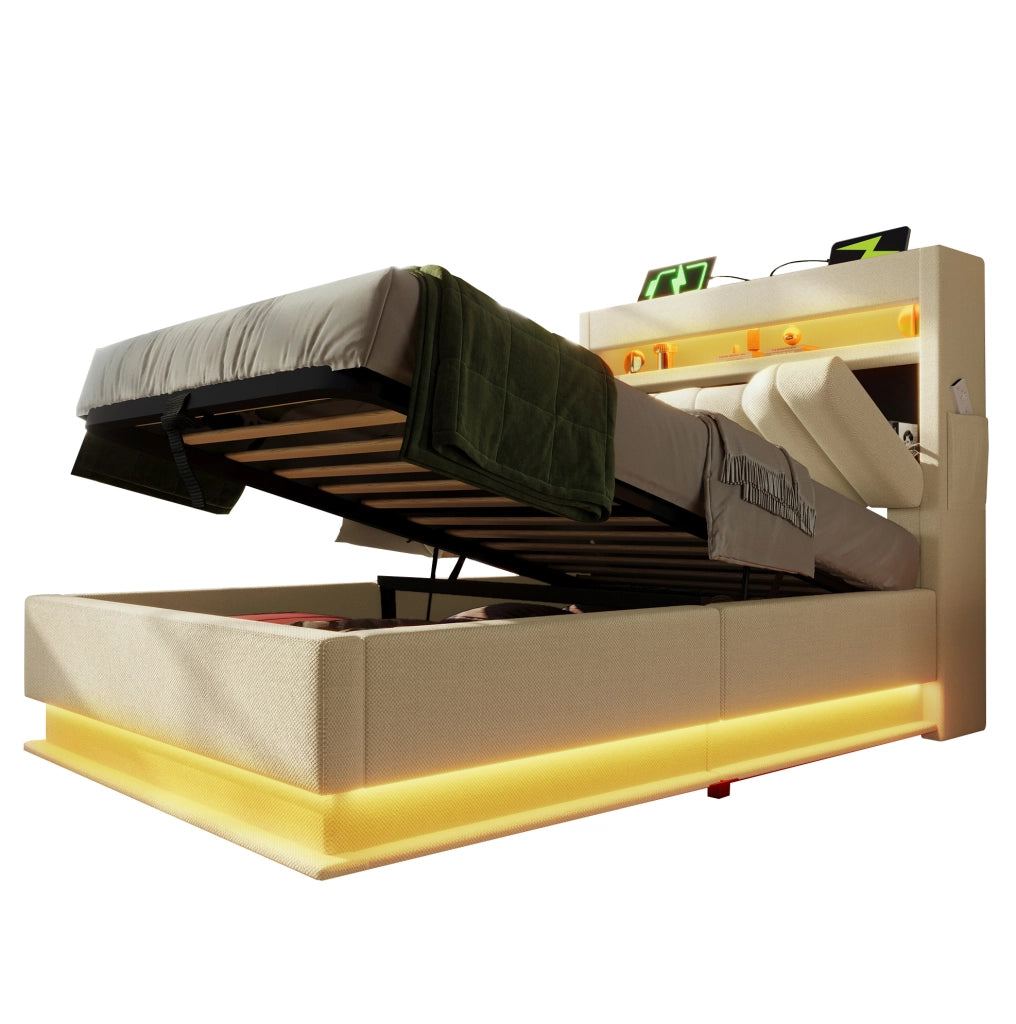 Letto singolo 90x200 cm in lino beige con LED; testiera con ricarica USB e Type-C; contenitore