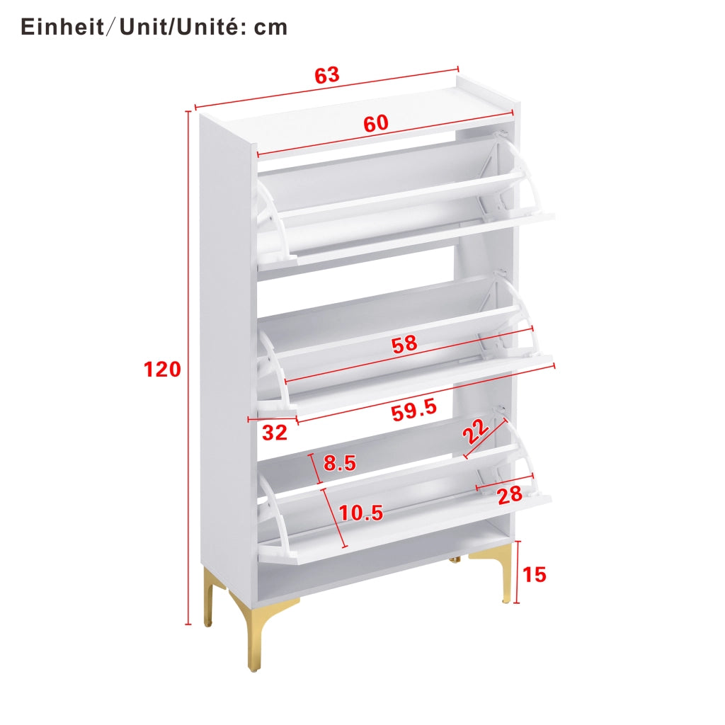 Scarpiera con 3 Scomparti e 6 Elementi in Rilievo; Piedini in Metallo Dorato; Stile Moderno; in MDF; Bianco; 63×24×120 cm