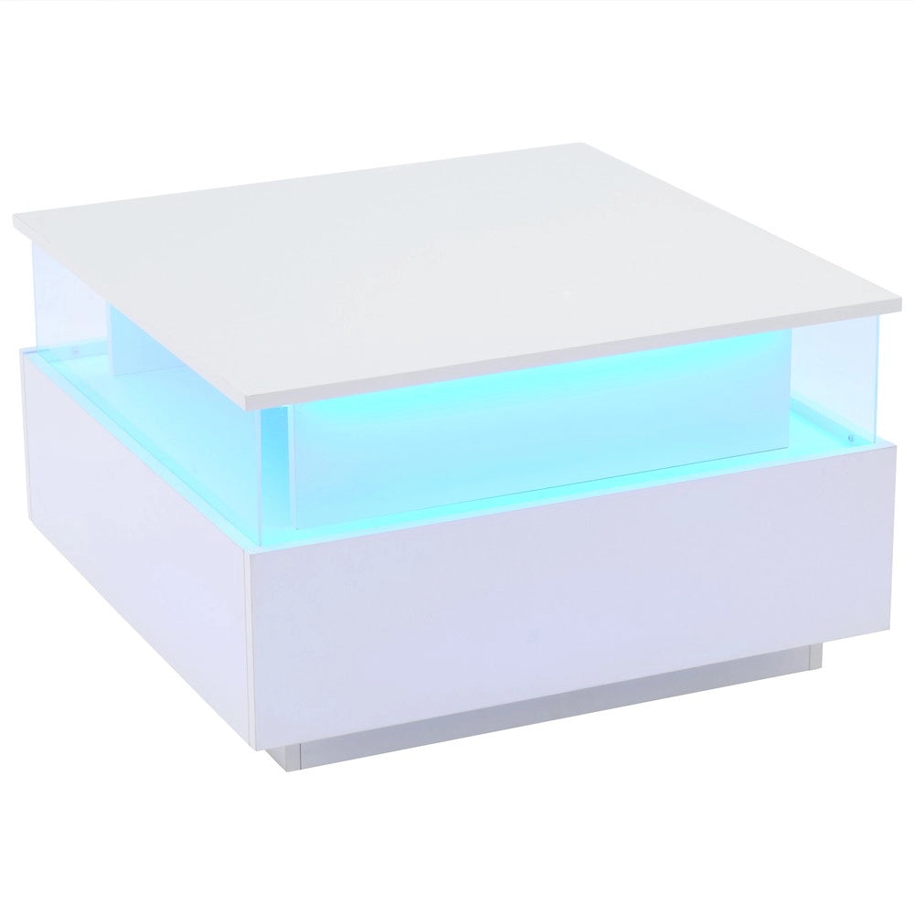 Tavolino da Caff¨¨ LED con 2 Cassetti e Piano Trasparente ¨C MINIMAL ¨C Bianco Lucido 70x70x41