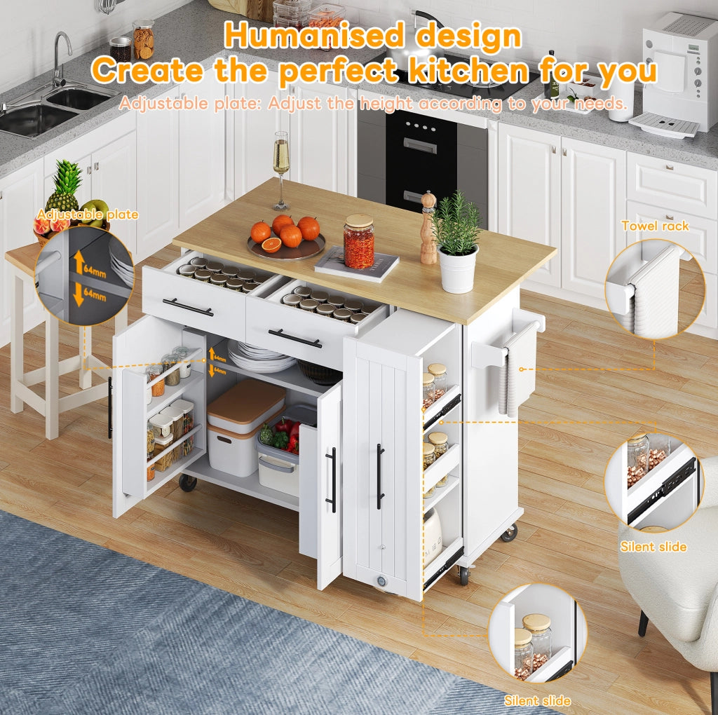 Isola cucina mobile con piano ribaltabile; 3 organizer estraibile; MDF; bianco e naturale