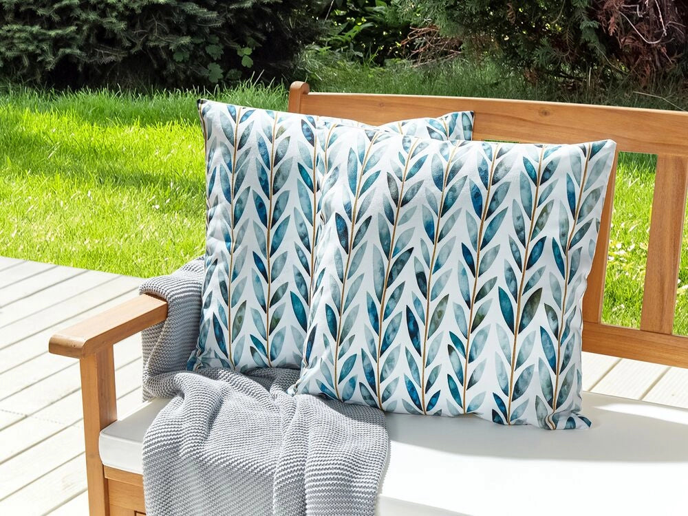 Set di 2 cuscini da giardino in poliestere bianco e verde 45 x 45 cm Motivo a foglie quadrate Design moderno Cuscino decorativo
