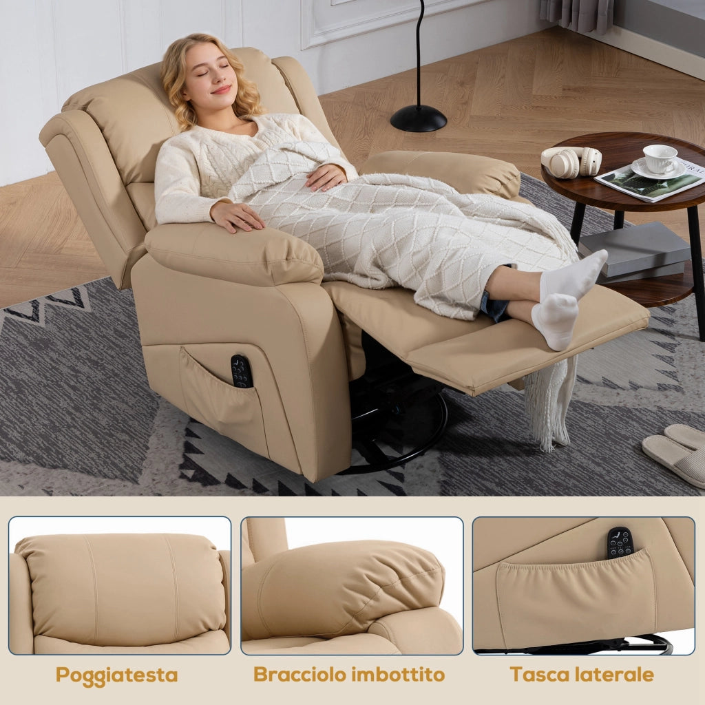 Poltrona Relax Reclinabile 87x97X100 cm con 8 Punti Massaggianti Riscaldanti e Poggiapiedi Beige