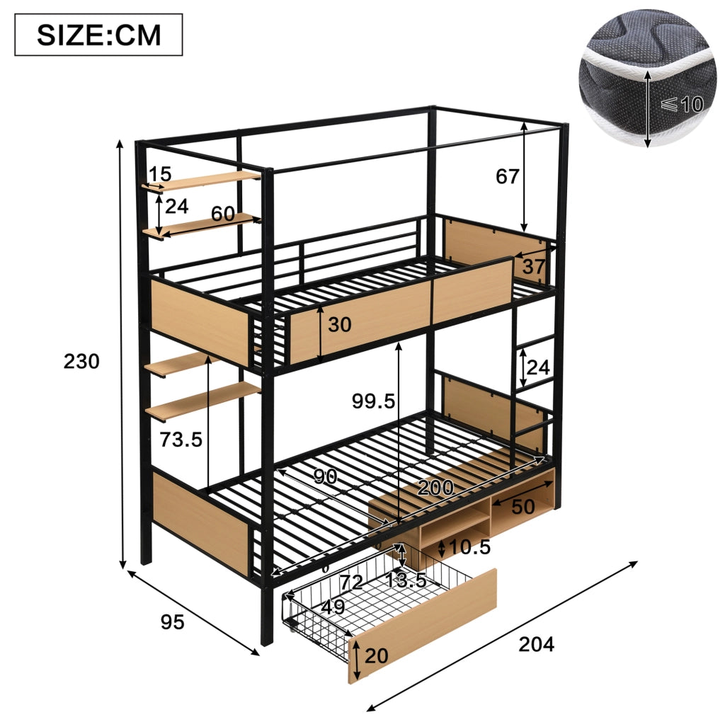 Etagenbett in metallo e MDF 90x200 cm con stoccaggio e doppio ripiano