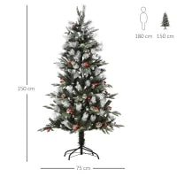 Albero di Natale Innevato 150cm con Bacche Rosse e Pigne Bianche, Base Rimovibile Pieghevole, 440 Rami, Verde