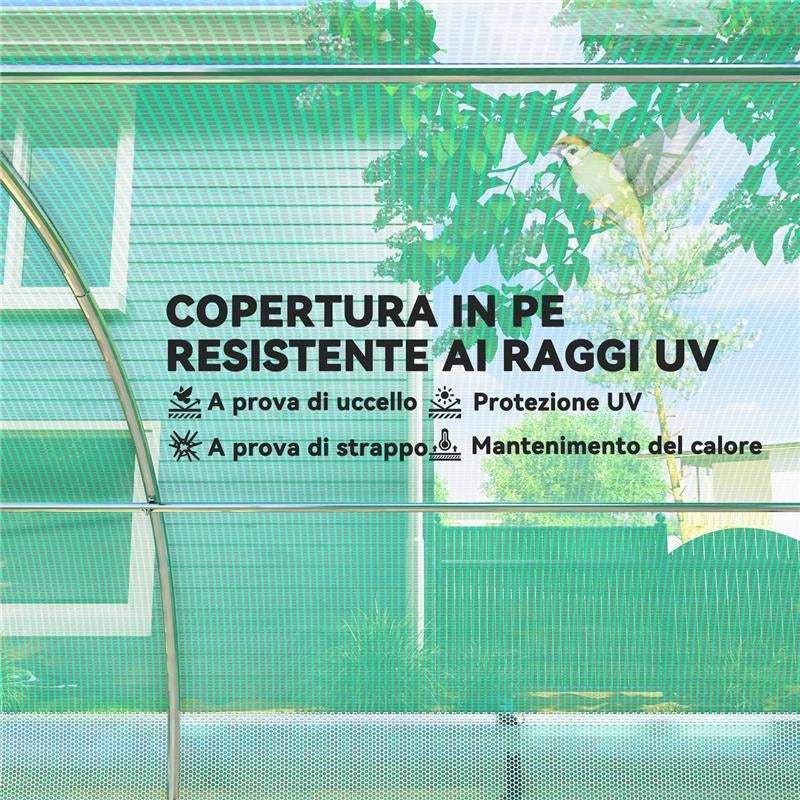 SERRA A TUNNEL 3X2 M CON RETE OMBREGGIANTE EXTRA, FINESTRE E INGRESSO A ZIP, IN PE E ACCIAIO, VERDE