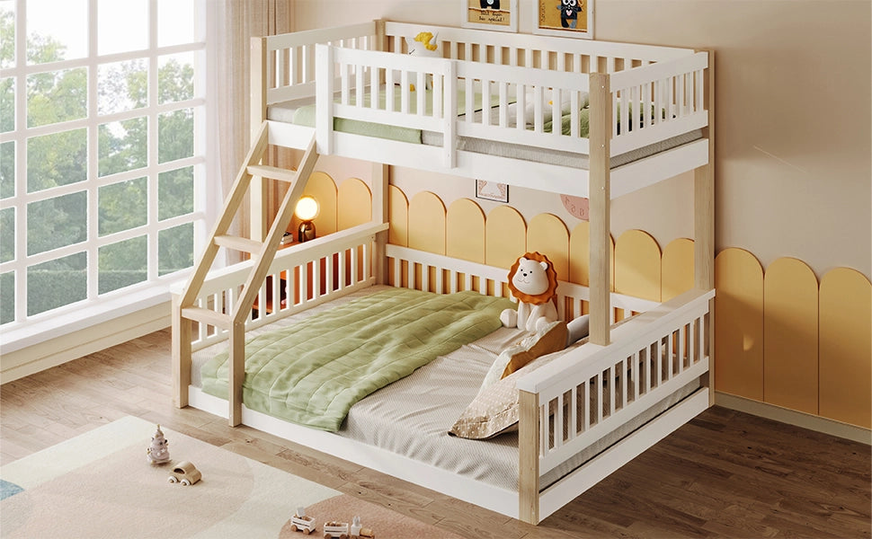 DESMIU Letto a castello 90 × 200 cm e 140 × 200 cm con scala e sponde, senza materasso, bianco naturale