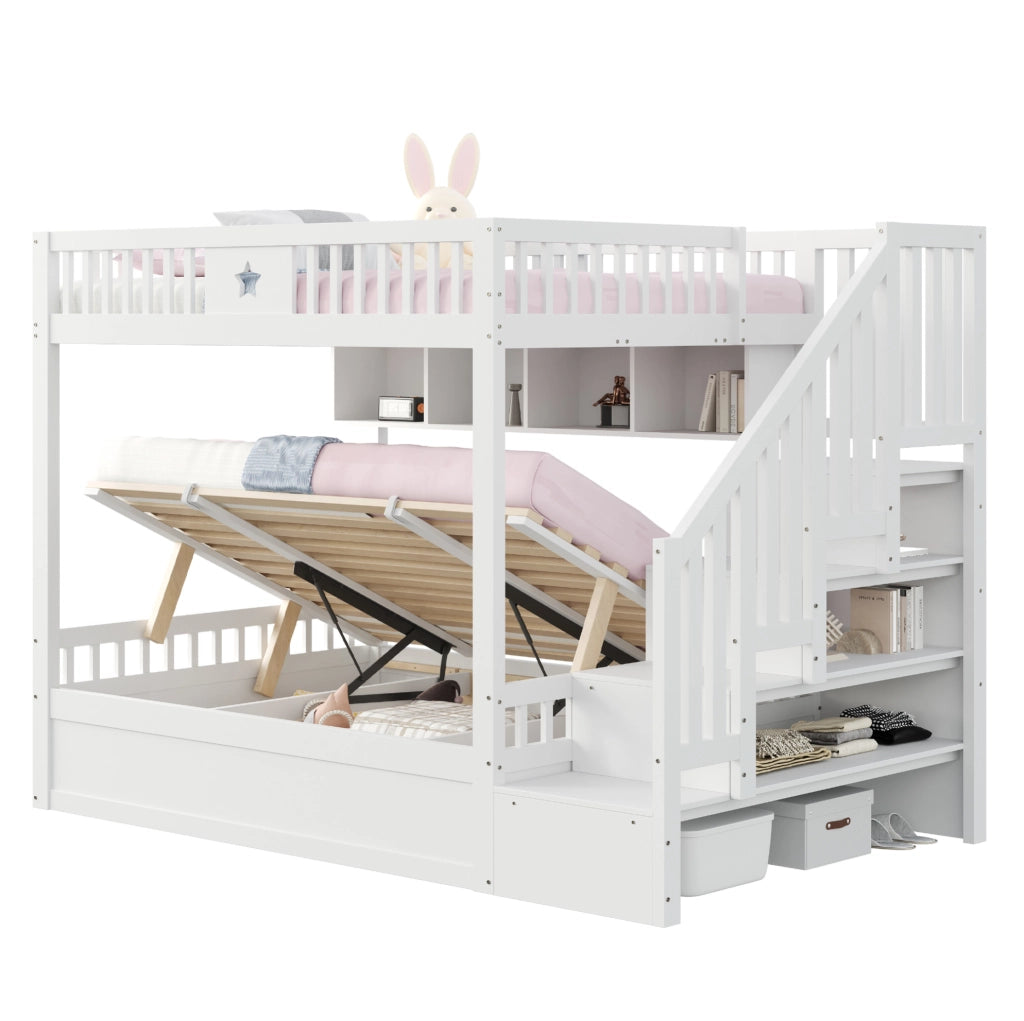 Letto a soppalco 140x200 cm con contenitore idraulico, scala contenitore e scaffali bianco