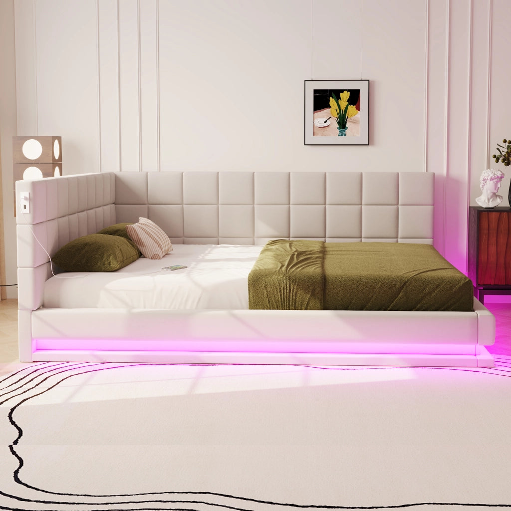 OKWISH Letto Divano 160×200 cm, Letto Matrimoniale con LED Multicolore, USB e Doghe, senza Materasso, in Tessuto Lino, Beige