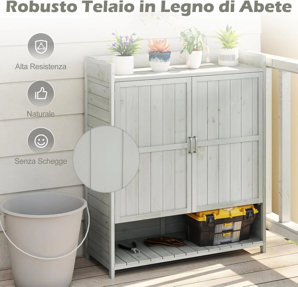 Armadio da Esterno in Legno Massello | Armadietto da Giardino con Ripiani Rimovibili, 2 Ante e Piano di Lavoro, per Balcone e Cortile
