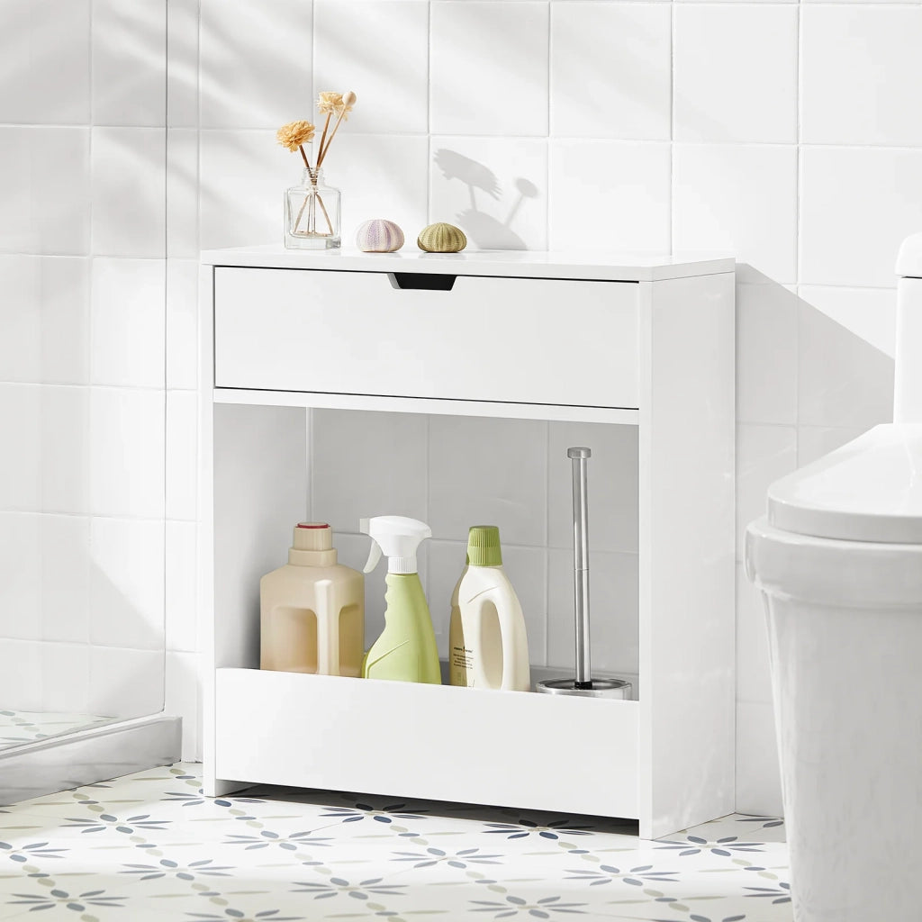 Mobiletto da bagno Portaoggetti Bagno Portarotolo e Portascopino Mobiletto salvaspazio con 1 ripiano aperto e 1 cassettiera, 55x20x60cm BZR48-W